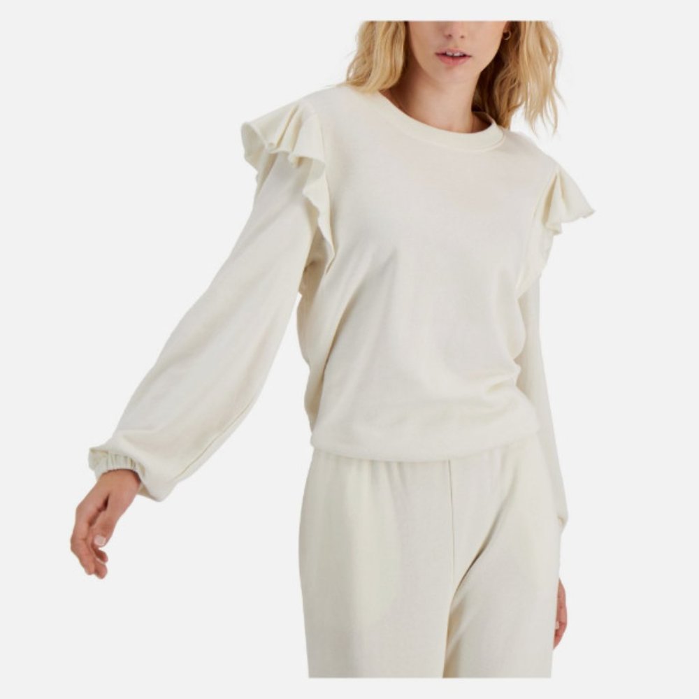 INC Women L Washed White Ruffled Shoulder Long Sleeve Sweater NWT AQ54